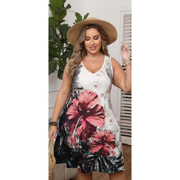 Hbeyyto Women's Floral Pattern VNeck Sleeveless Sun Dress. Plus Size 4XL - Picture 4 of 14
